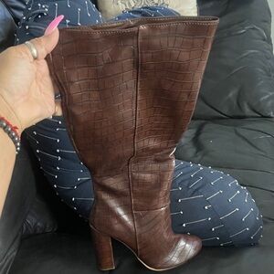 Elegant Brown Croc-Embossed Knee-High Boots